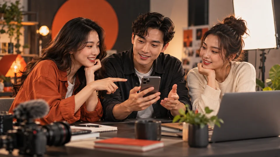 Nhóm creator trao đổi về nội dung trên điện thoại