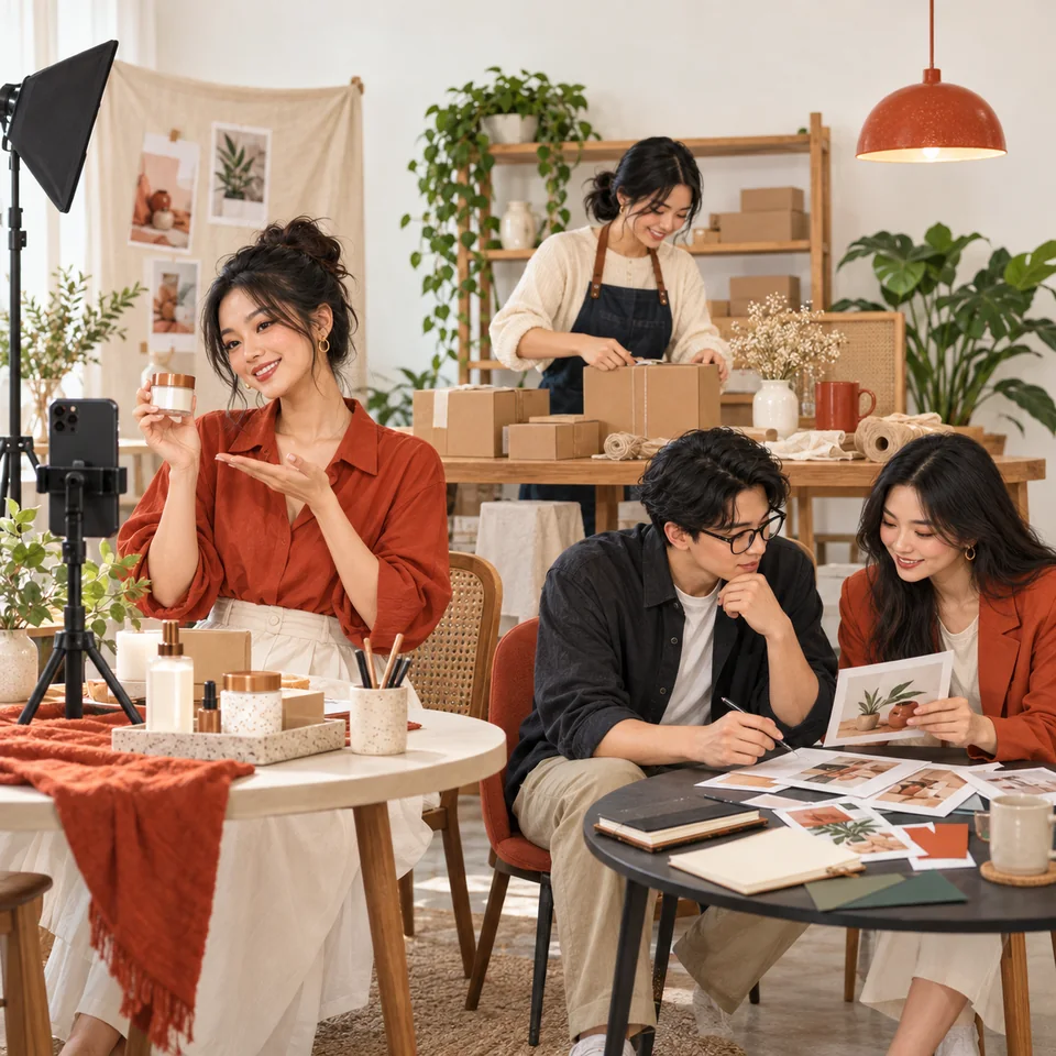 Creator quay nội dung, chủ shop chuẩn bị sản phẩm và đội agency cùng lên kế hoạch trong studio